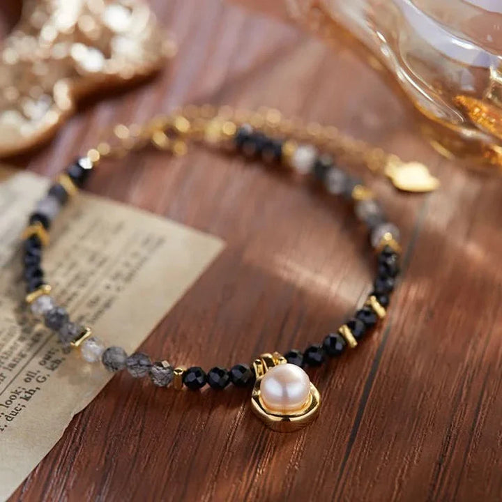 Natural Black Stone Bracelet with Pearl Pendant