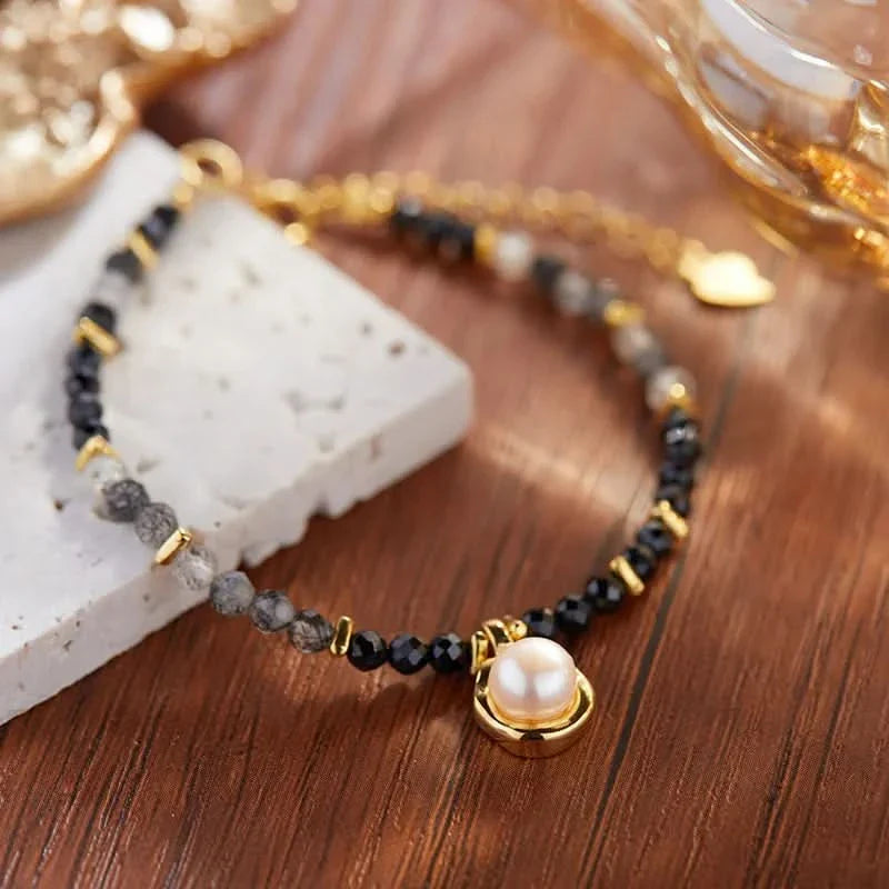 Natural Black Stone Bracelet with Pearl Pendant