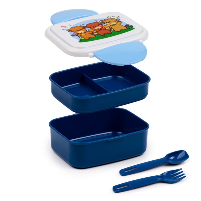 Adoramals Highland Coo Cow Clip Lock Stacked Bento Lunch Box with Cutlery LBOX107