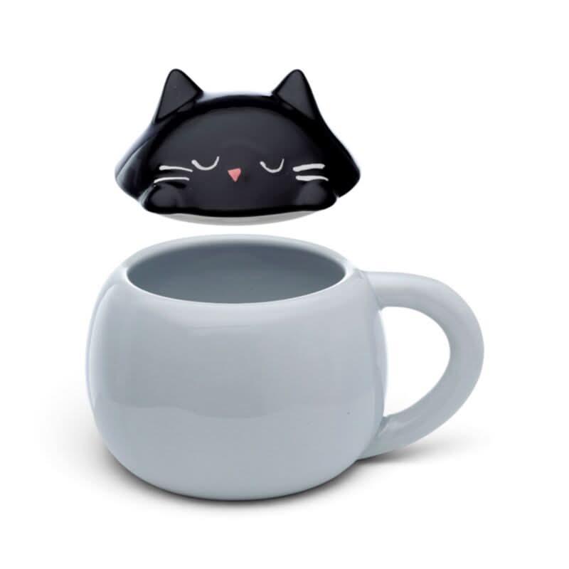 Feline Fine Black Cat Peeping Lid Ceramic Lidded Animal Mug LMUG02