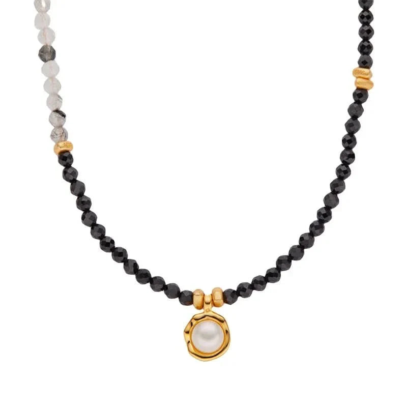 Natural Black Stone Necklace with Pearl Pendant