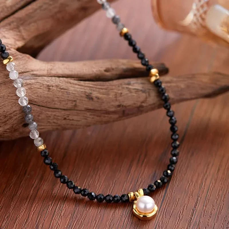 Natural Black Stone Necklace with Pearl Pendant