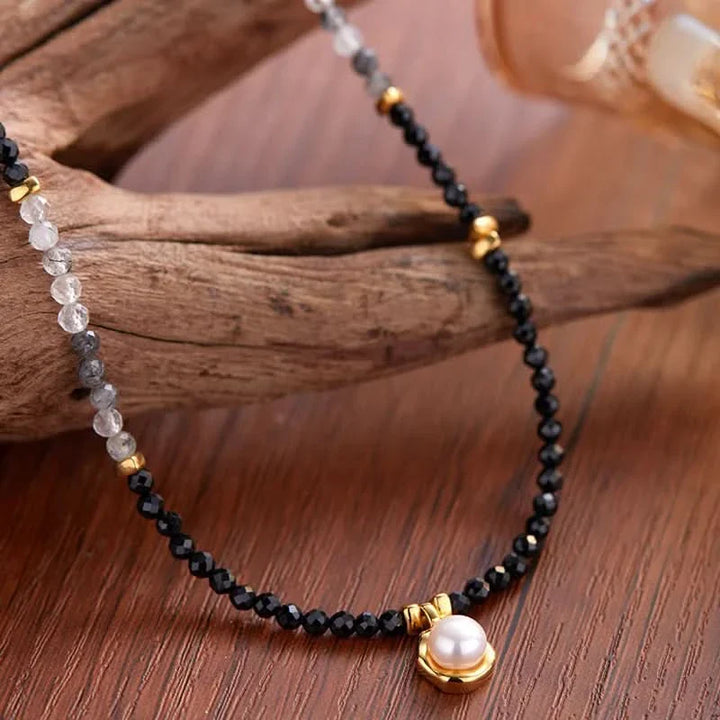 Natural Black Stone Necklace with Pearl Pendant