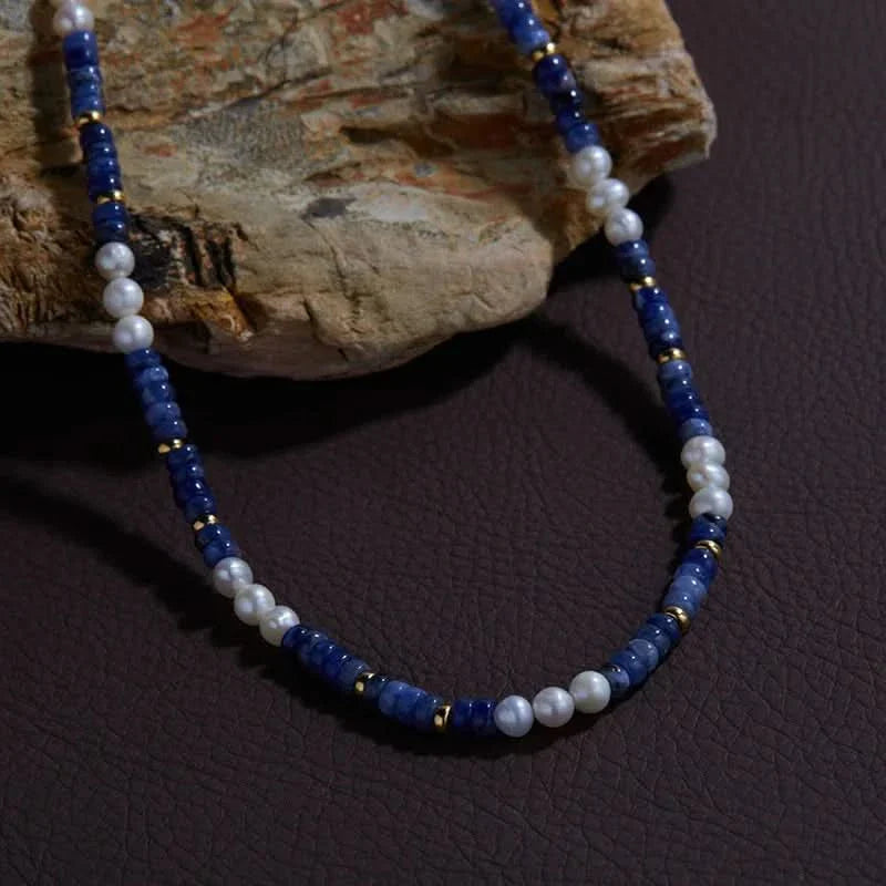 Natural Pearl and Blue Stone Necklace