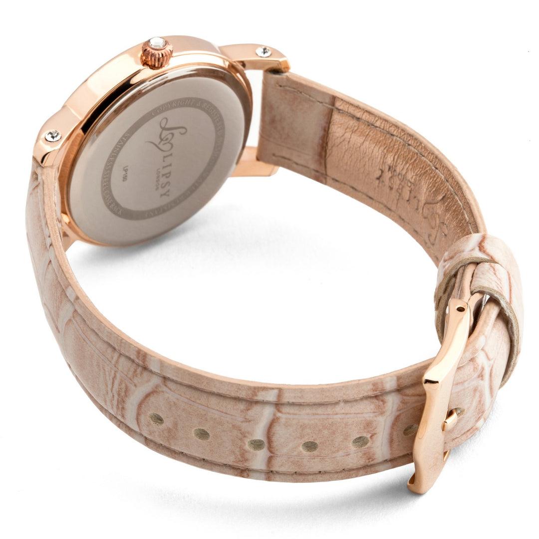 Lipsy Nude Strap   Roe Gold Case   Lipsy Logo Bezel Heart Detail Dial Watch LP150