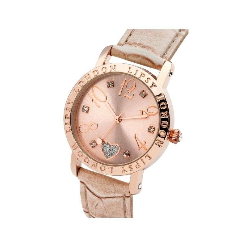 Lipsy Nude Strap   Roe Gold Case   Lipsy Logo Bezel Heart Detail Dial Watch LP150