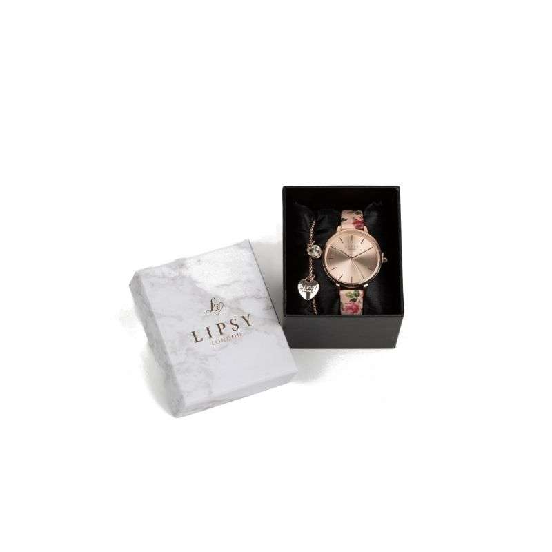 Lipsy Floral Strap Rose Gold Heart Bracelet & Watch Gift Set LP945G