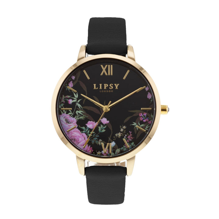 Lipsy Black Strap Gold Case A Floral Dial Watch LP947