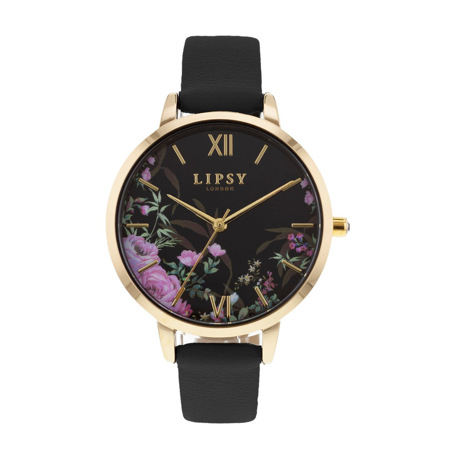 Lipsy Black Strap Gold Case A Floral Dial Watch LP947