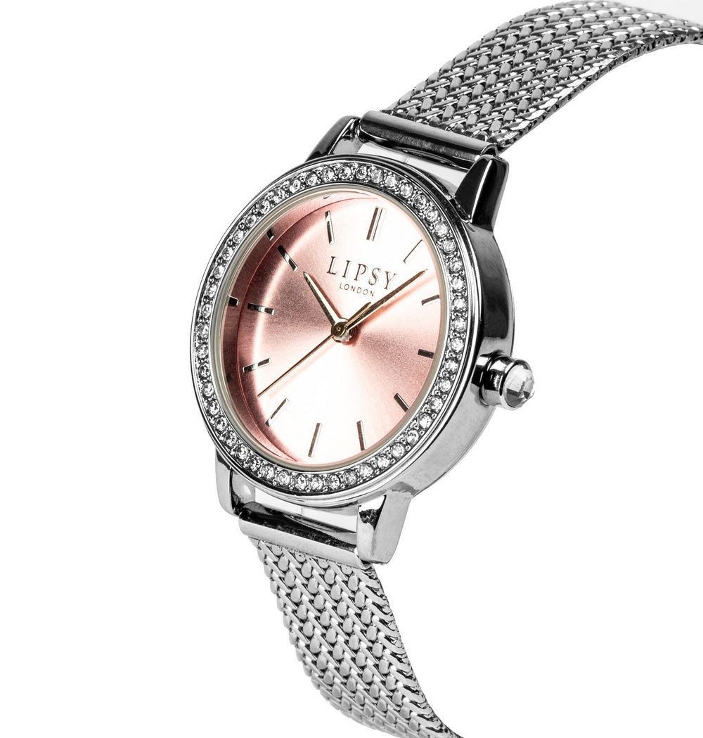 Lipsy Silver Mesh Strap Pink Sunray Dial Stone Set Bezel Watch LP970