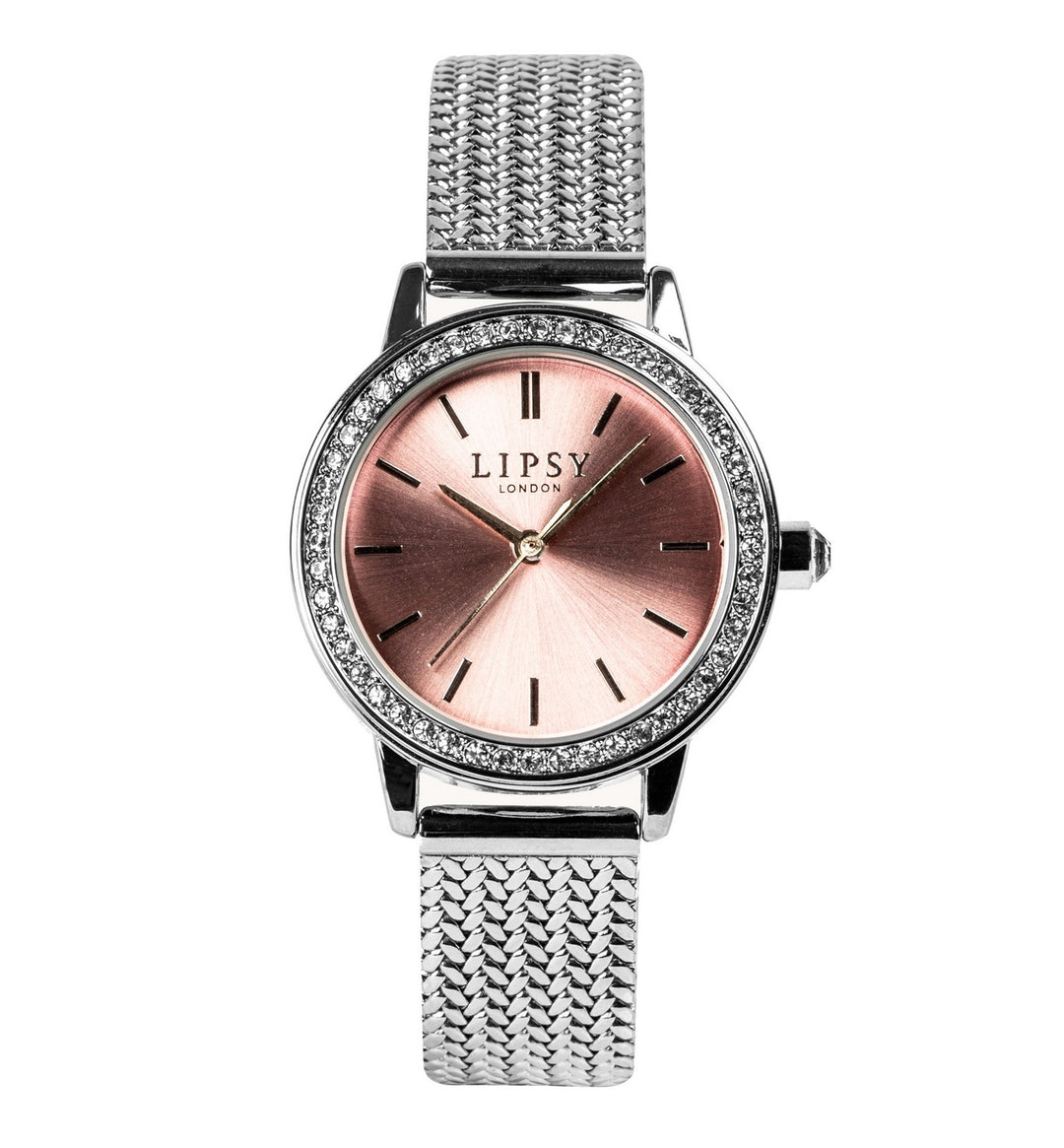 Lipsy Silver Mesh Strap Pink Sunray Dial Stone Set Bezel Watch LP970