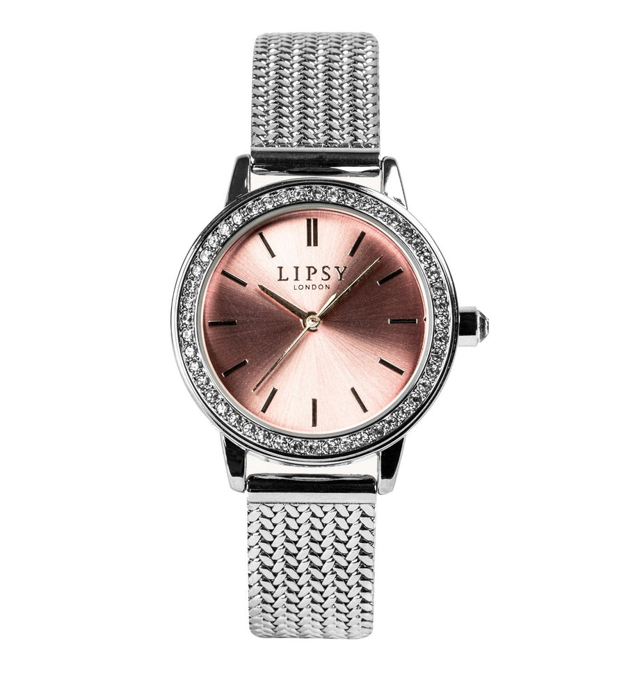 Lipsy Silver Mesh Strap Pink Sunray Dial Stone Set Bezel Watch LP970