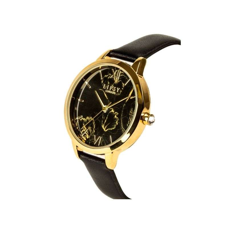 Lipsy Black Strap Black Gold Floral Print Dial Watch LP974
