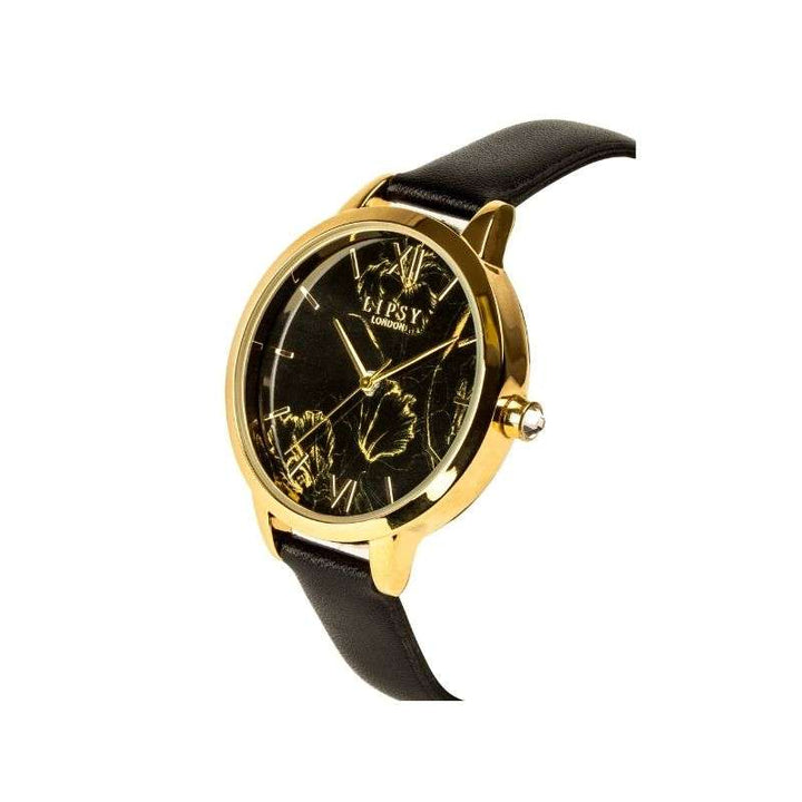 Lipsy Black Strap Black Gold Floral Print Dial Watch LP974