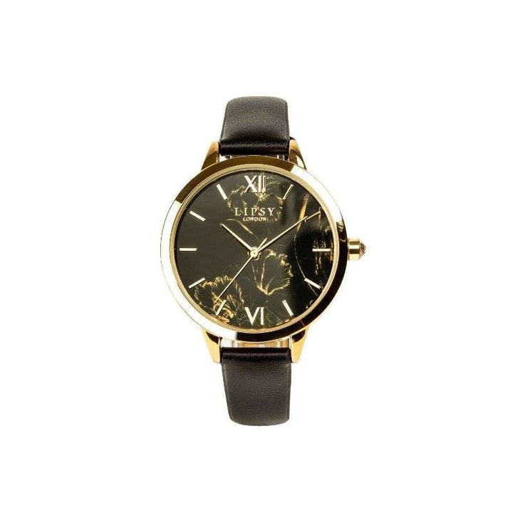Lipsy Black Strap Black Gold Floral Print Dial Watch LP974