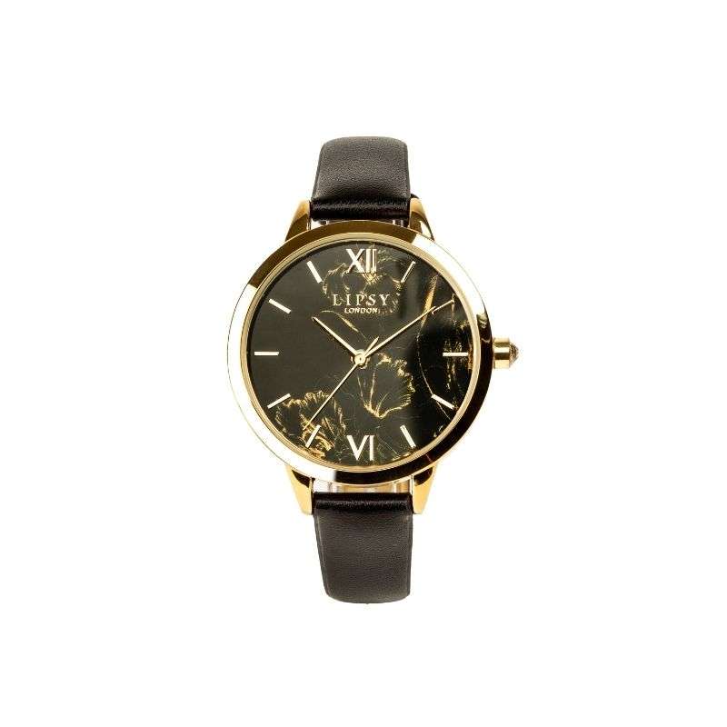 Lipsy Black Strap Black Gold Floral Print Dial Watch LP974