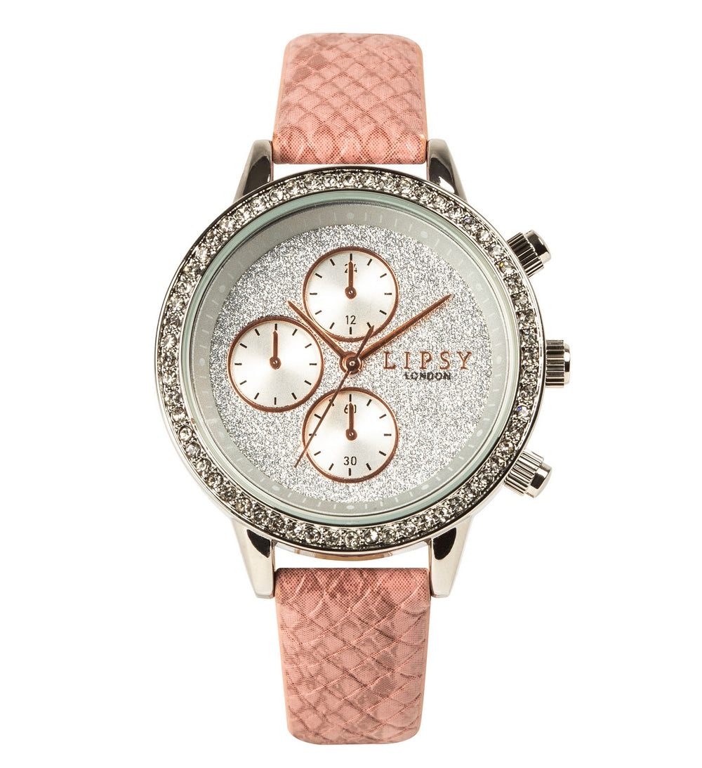 Lipsy Pink Croc Effect Strap Silver Glitter Dial Stone Charm Bracelet & Watch Gift Set LP977G