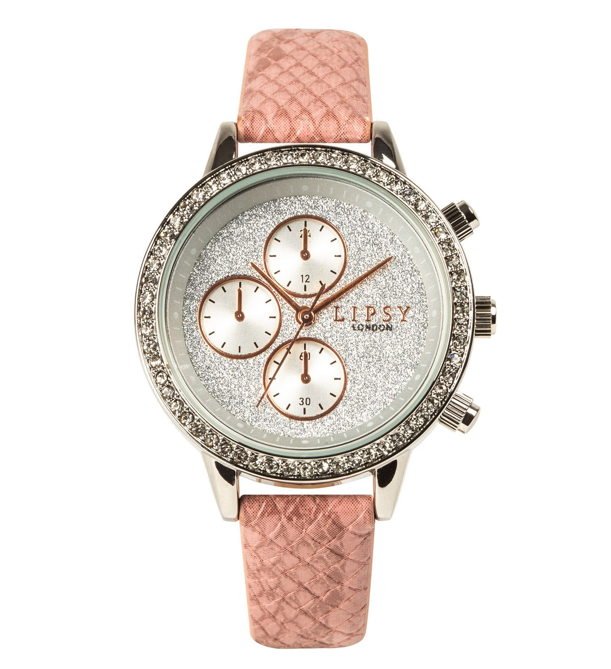 Lipsy Pink Croc Effect Strap Silver Glitter Dial Stone Charm Bracelet & Watch Gift Set LP977G