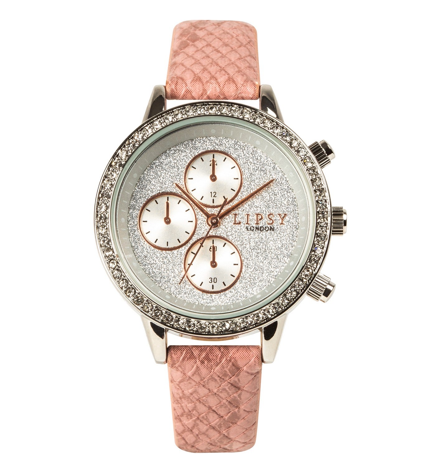 Lipsy Pink Croc Effect Strap Silver Glitter Dial Stone Charm Bracelet & Watch Gift Set LP977G