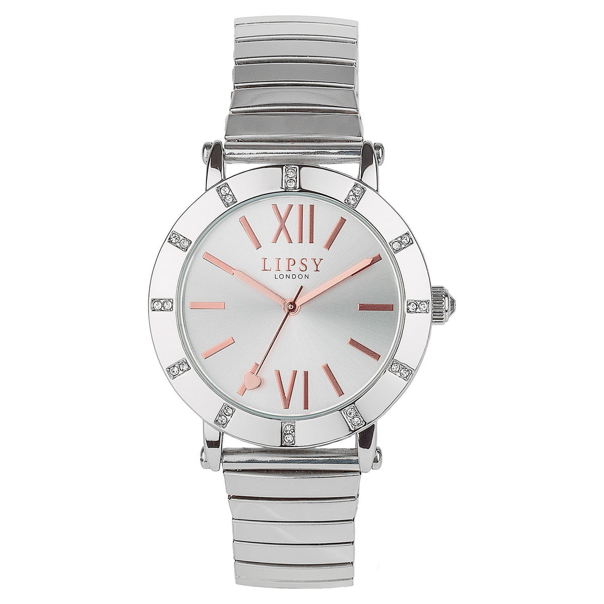 Lipsy Silver Silver Sunray Dial Rose Gold Markers Stone Watch LP979