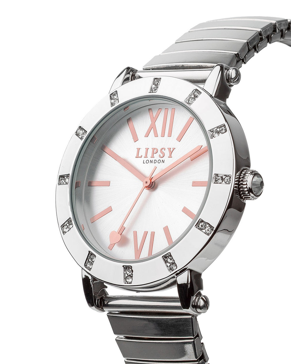 Lipsy Silver Silver Sunray Dial Rose Gold Markers Stone Watch LP979