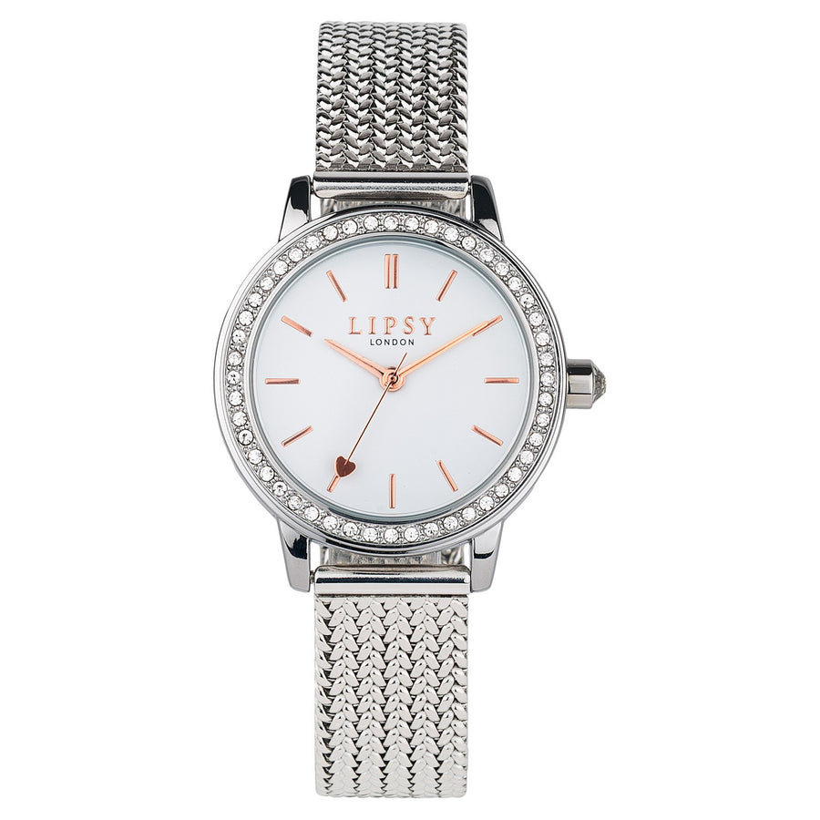 Lipsy Silver Mesh Strap White Dial Stone Set Bezel Watch LP982