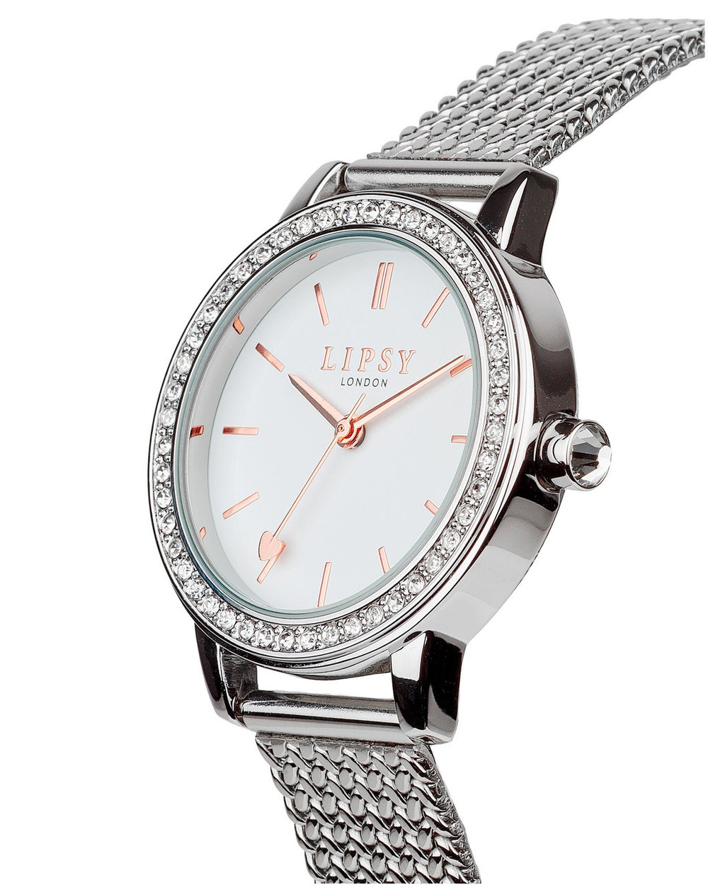 Lipsy Silver Mesh Strap White Dial Stone Set Bezel Watch LP982