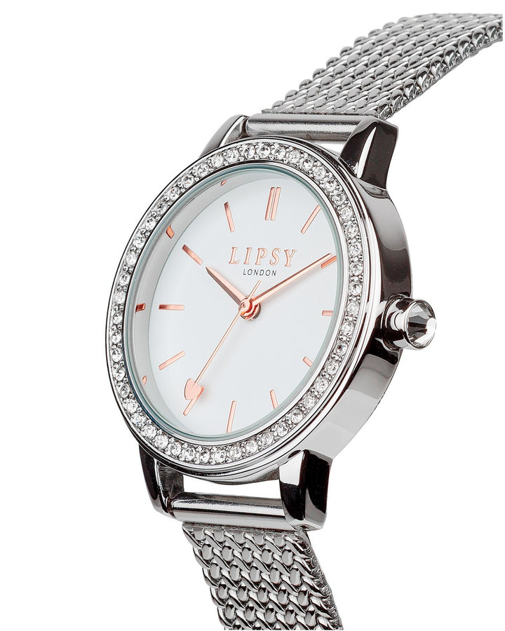 Lipsy Silver Mesh Strap White Dial Stone Set Bezel Watch LP982