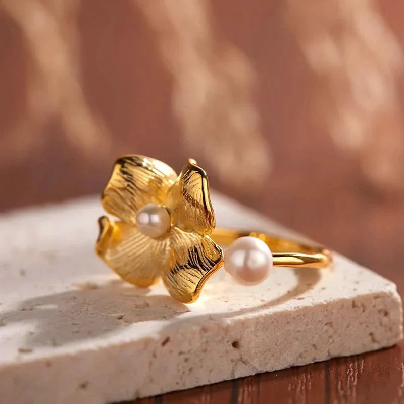 Silver Gold Flower Adjustable Pearl Ring