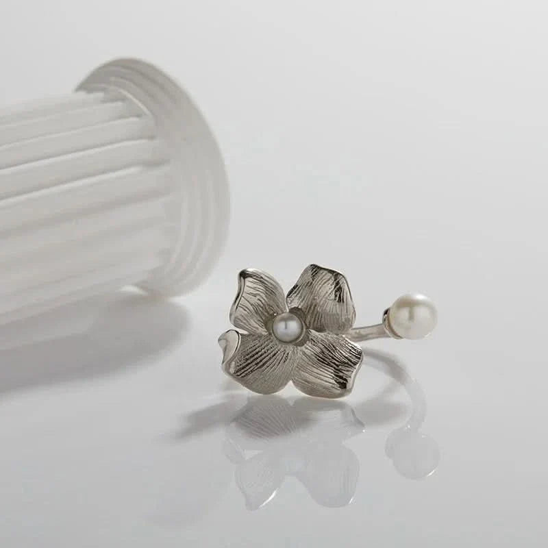 Silver Gold Flower Adjustable Pearl Ring