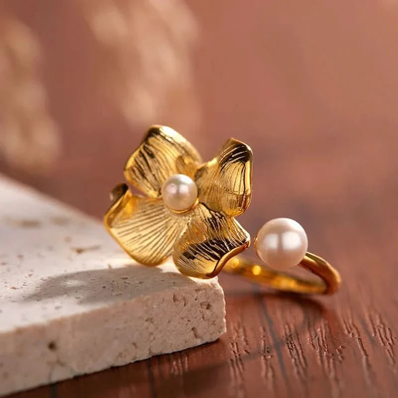 Silver Gold Flower Adjustable Pearl Ring