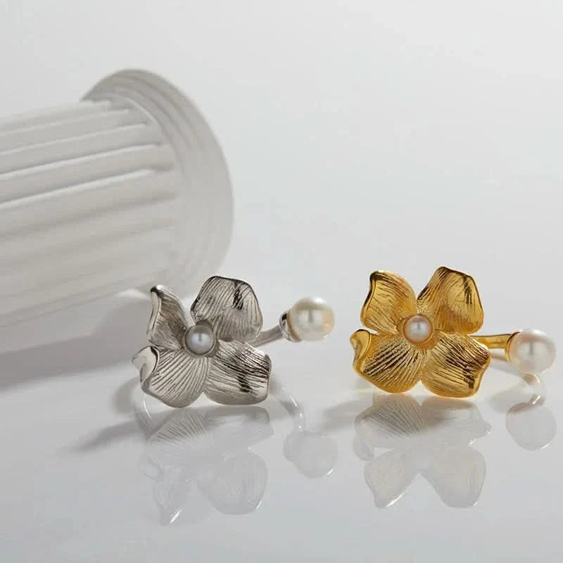 Silver Gold Flower Adjustable Pearl Ring