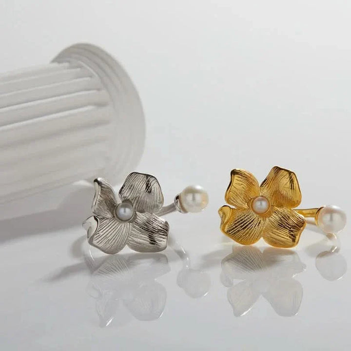Silver Gold Flower Adjustable Pearl Ring