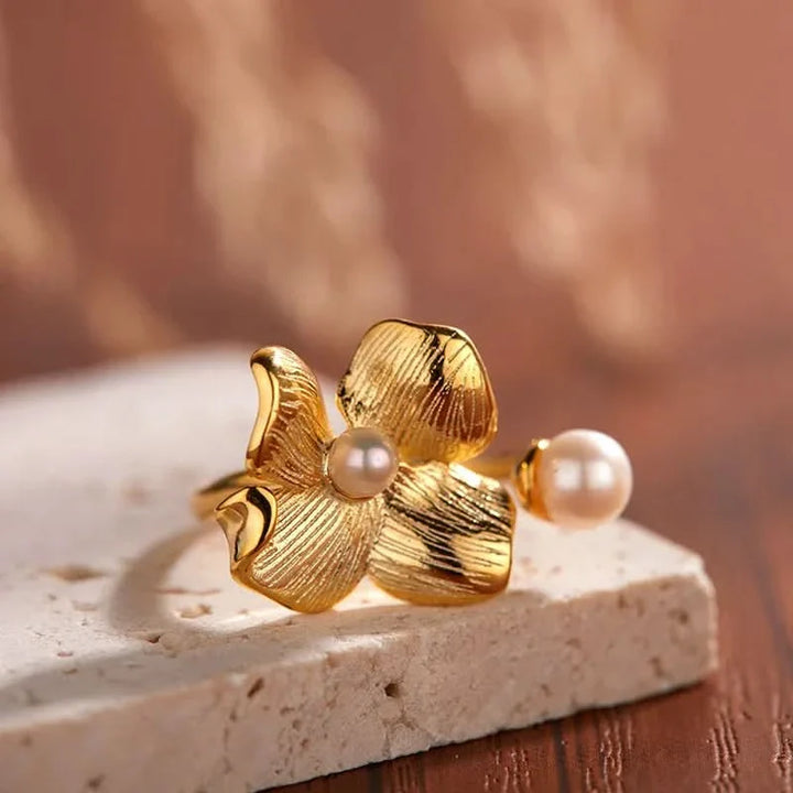 Silver Gold Flower Adjustable Pearl Ring