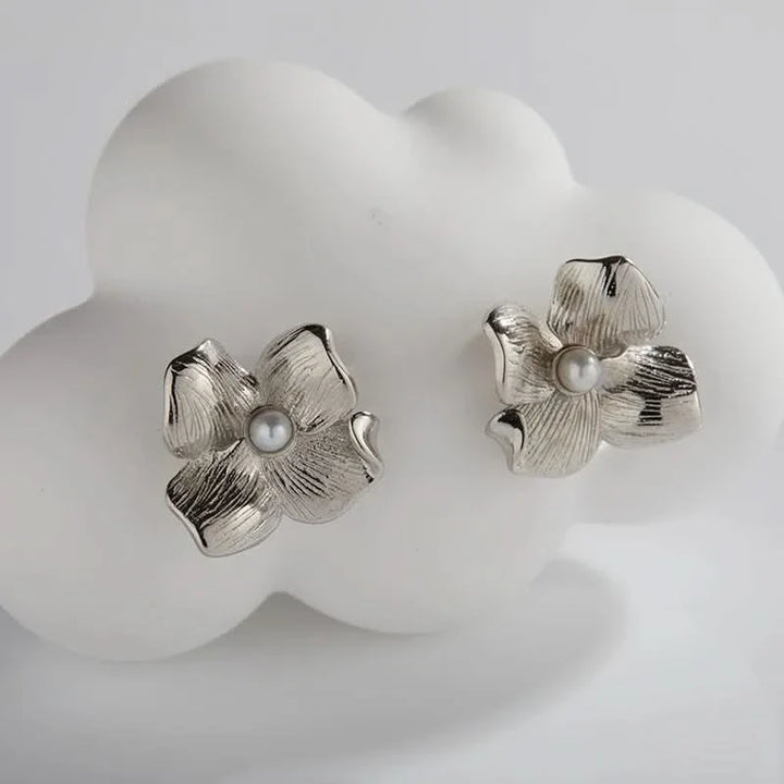 Silver Gold Flower Pearl Earrings