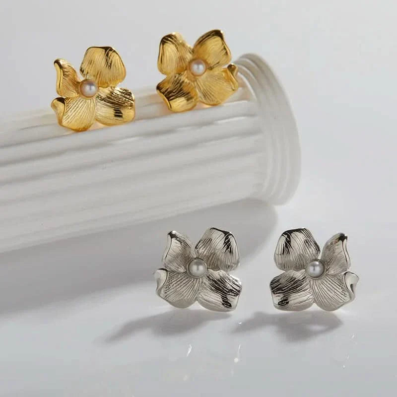 Silver Gold Flower Pearl Earrings