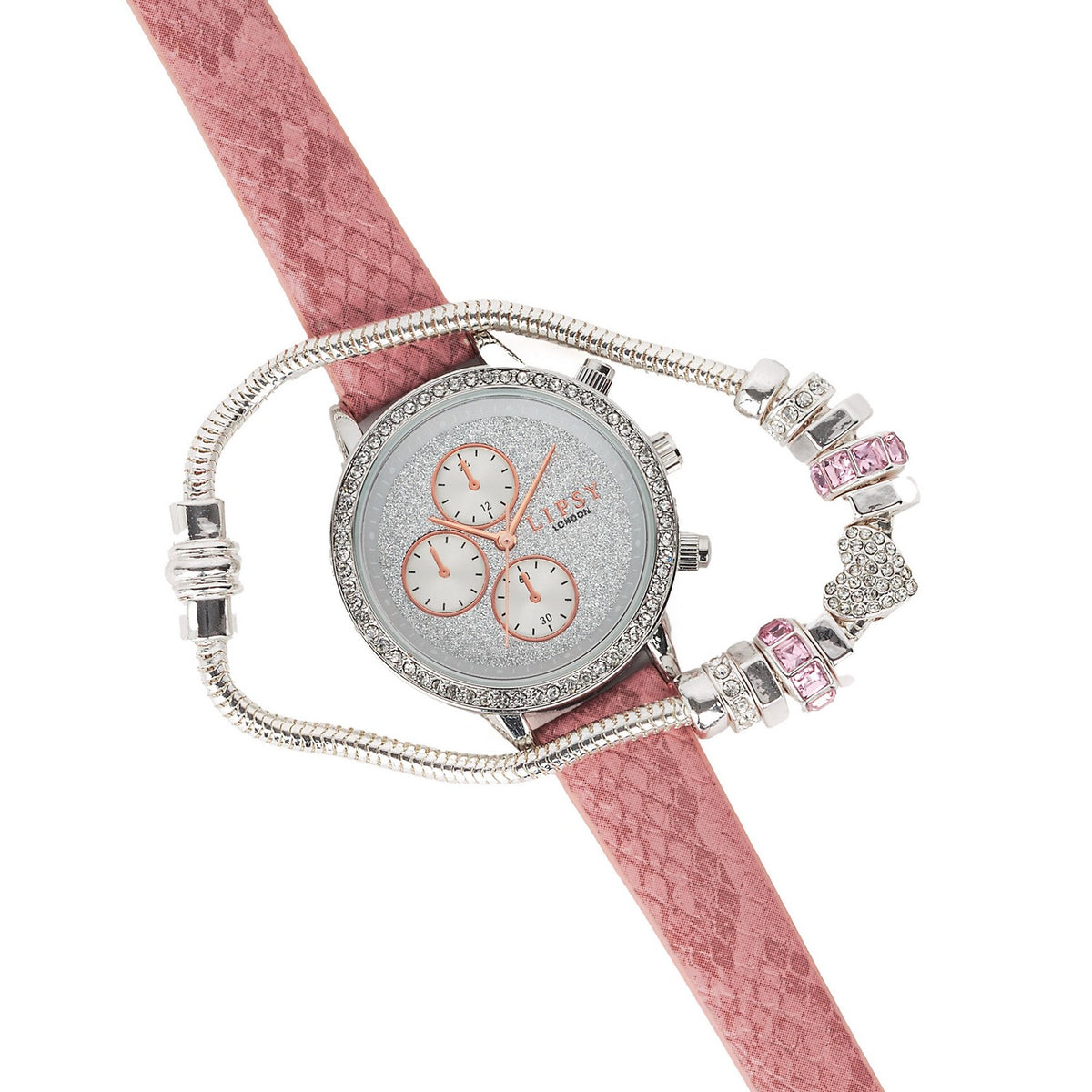 Lipsy Pink Croc Effect Strap Silver Glitter Dial Stone Charm Bracelet &amp; Watch Gift Set LP977G