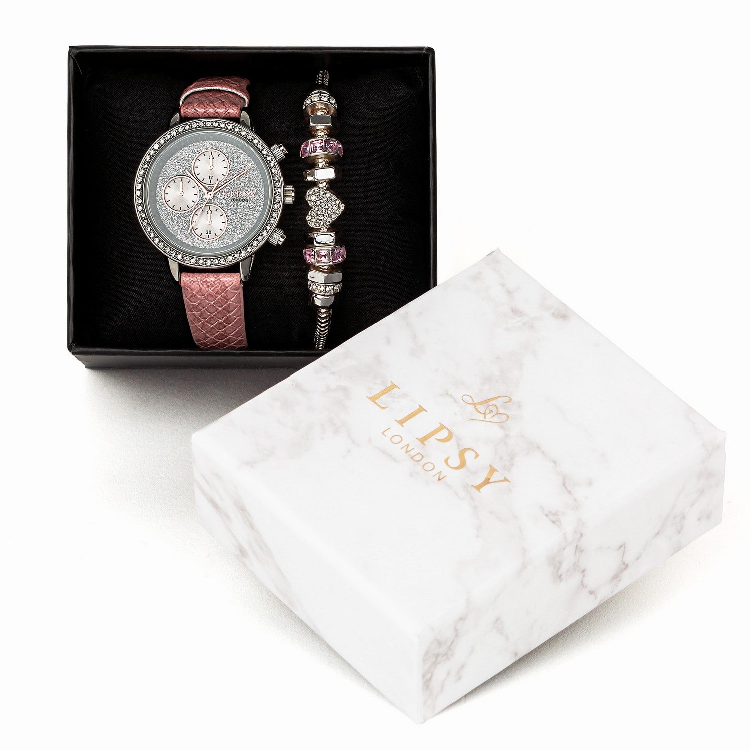 Lipsy Pink Croc Effect Strap Silver Glitter Dial Stone Charm Bracelet & Watch Gift Set LP977G