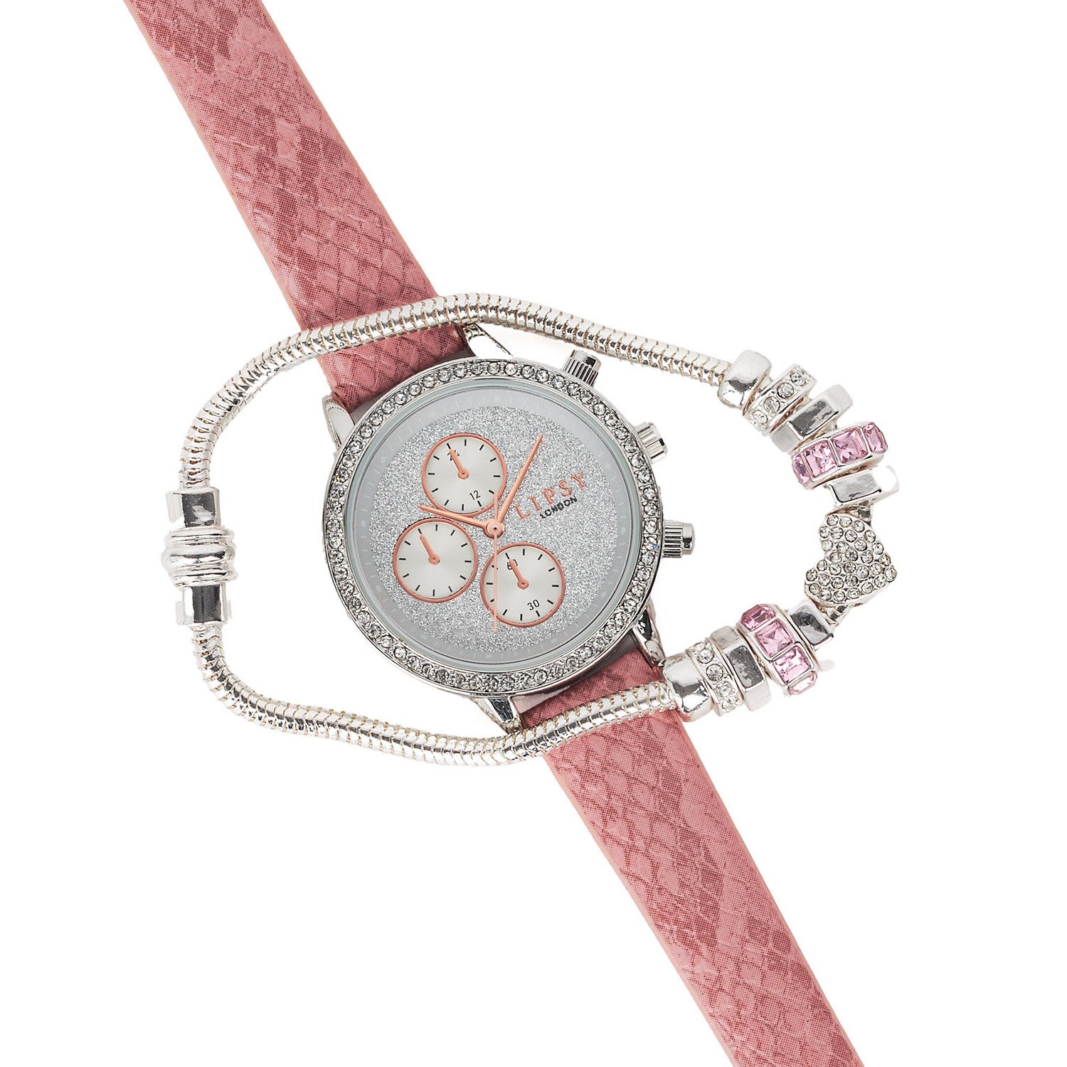 Lipsy Pink Croc Effect Strap Silver Glitter Dial Stone Set Bezel Watch LP977