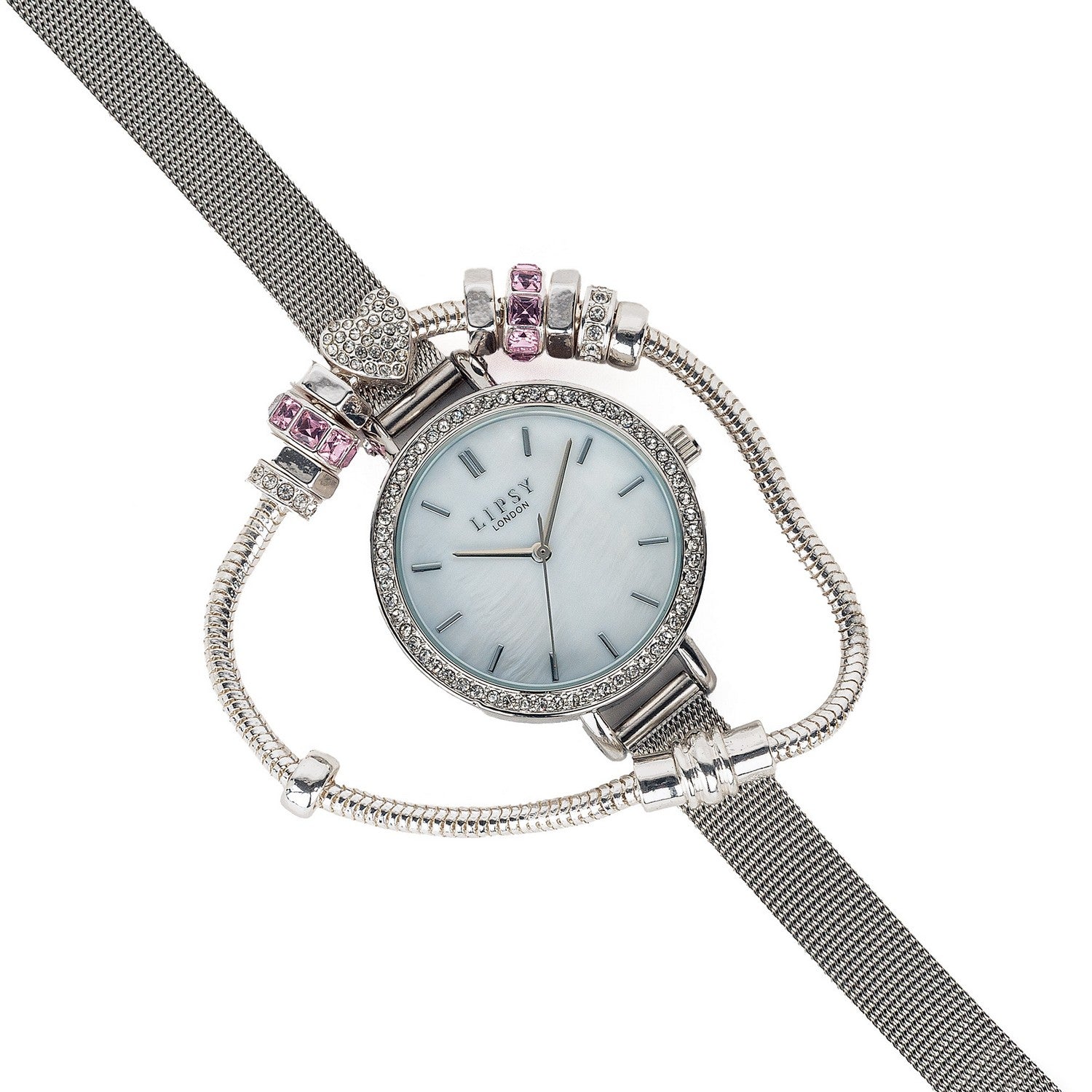 Lipsy Silver Mesh Strap Marble Dial Stone Pink Charm Bracelet & Watch Gift Set LP972G