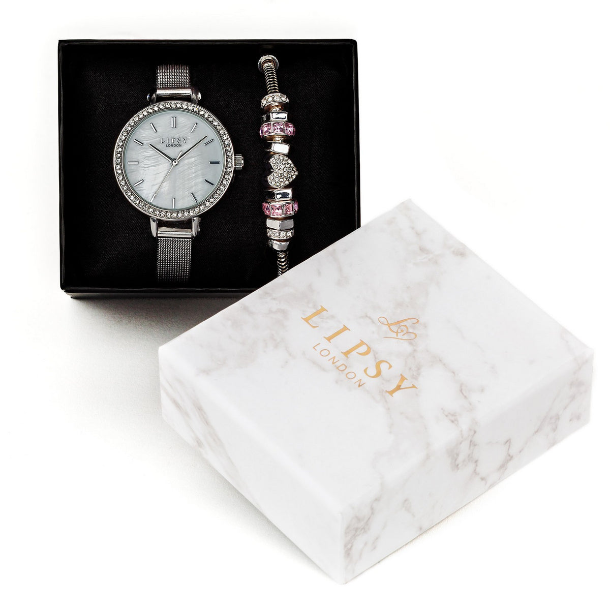 Lipsy Silver Mesh Strap Silver Marble Dial Stone Set Bezel Watch LP972