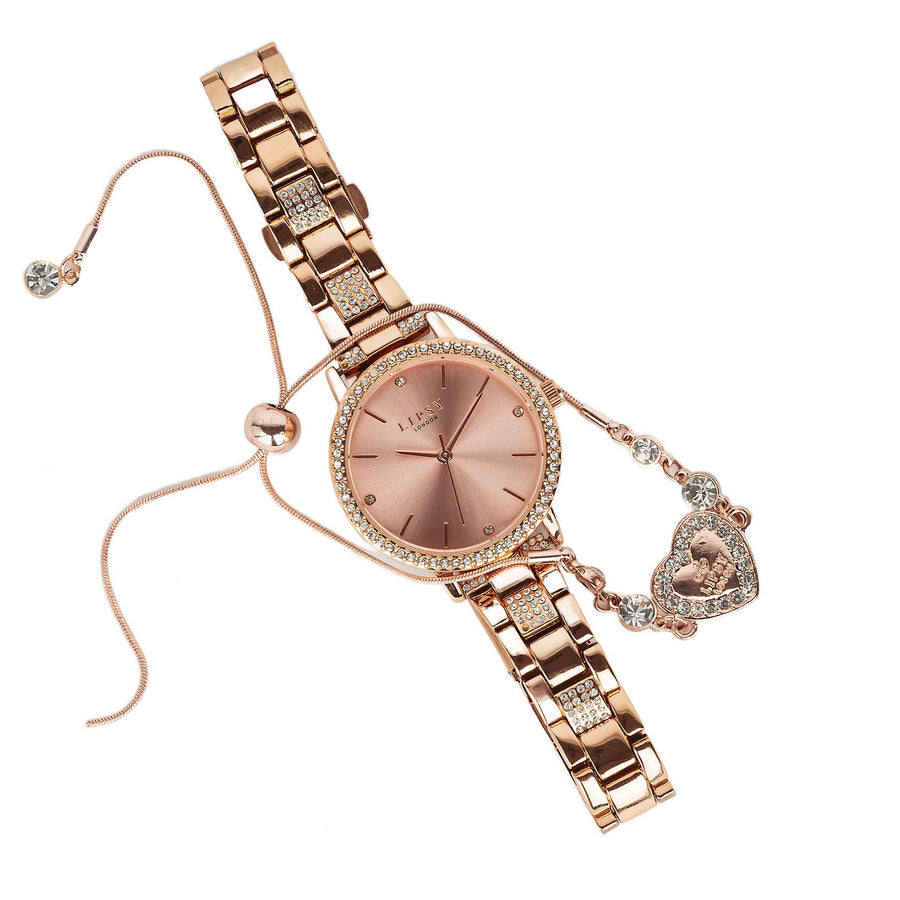 Lipsy Sunray Dial Stone Rose Gold Bracelet & Watch Gift Set LP973G