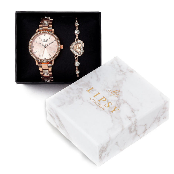 Lipsy Rose Gold Bracelet Rose Gols Sunray Dial Stone Set Bezel Watch LP973