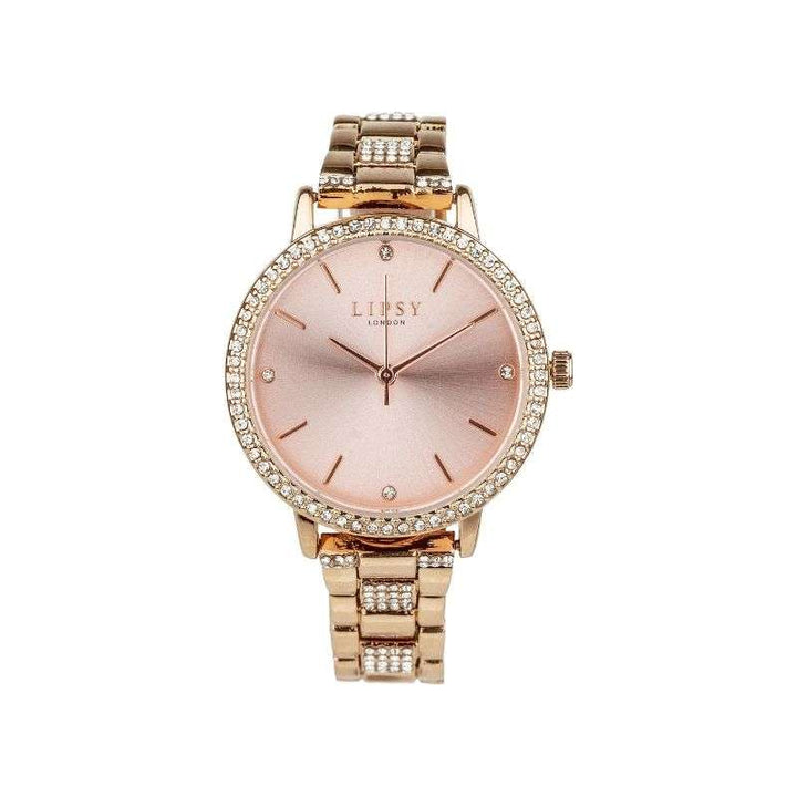 Lipsy Rose Gold Bracelet Rose Gols Sunray Dial Stone Set Bezel Watch LP973