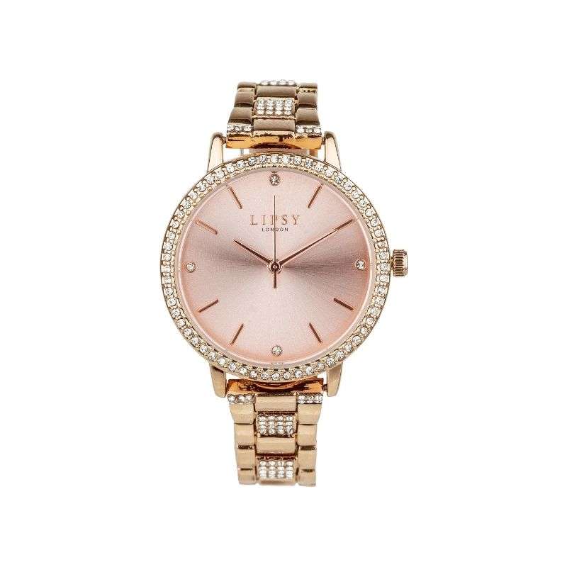 Lipsy Rose Gold Bracelet Rose Gols Sunray Dial Stone Set Bezel Watch LP973