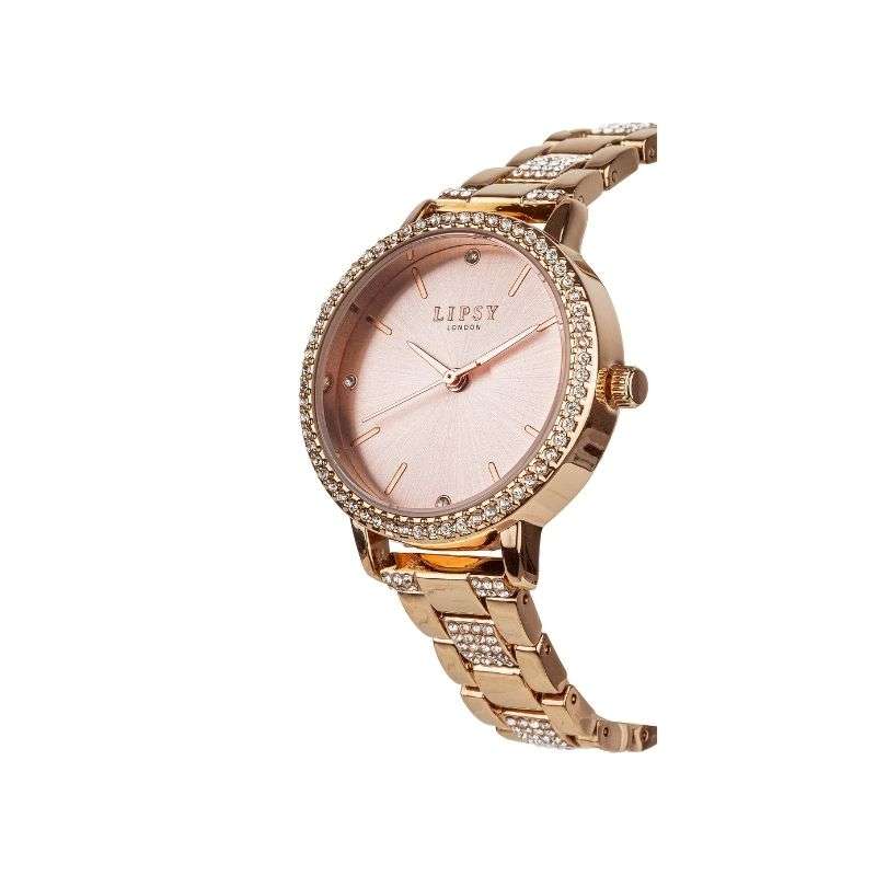 Lipsy Rose Gold Bracelet Rose Gols Sunray Dial Stone Set Bezel Watch LP973