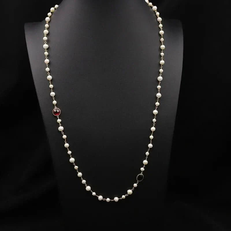 ✨ Long Freshwater Pearl Necklace with Red & Green Crystal Accents ✨