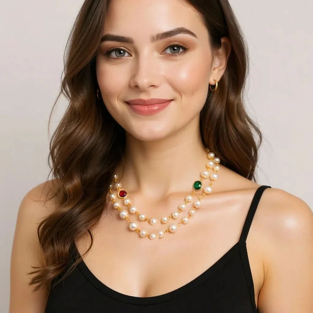 ✨ Long Freshwater Pearl Necklace with Red & Green Crystal Accents ✨