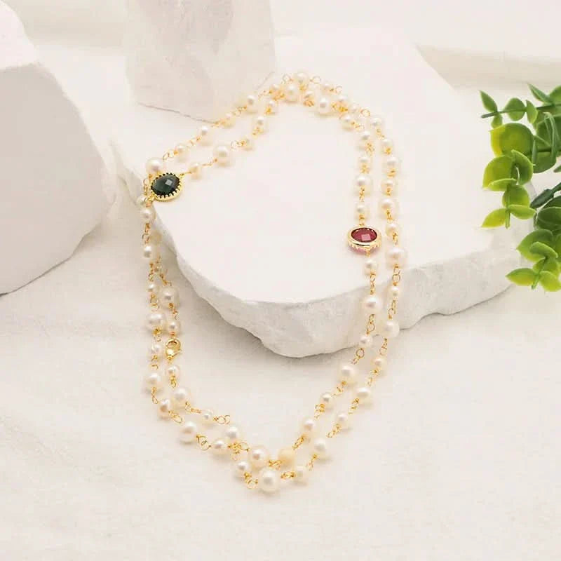 ✨ Long Freshwater Pearl Necklace with Red & Green Crystal Accents ✨
