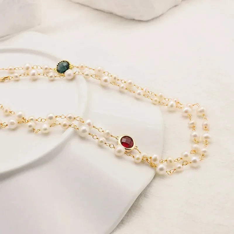 ✨ Long Freshwater Pearl Necklace with Red & Green Crystal Accents ✨